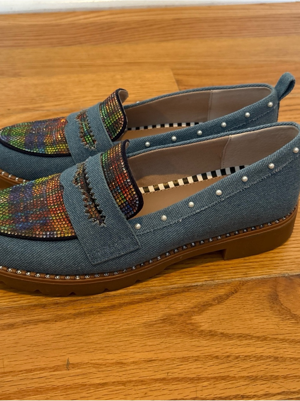 Betsey Johnson Blue Denim Pearl-Trim Ballet Flats